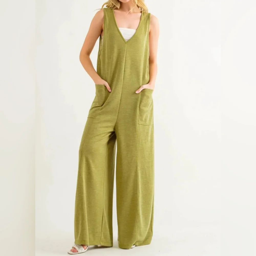 #0393 🛑S BOHO V-neck Jumpsuit With Front Pockets - Picture 1 of 5